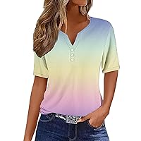 Women's Henley T-Shirts Trendy Gradient Print Tops Short Sleeve V Neck Button Down Blouses Summer Cute Clothes
