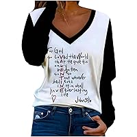 Women Valentine's Day Color Block Shirts for God Funny Letter Graphic Tops Long Sleeve V Neck Casual Fashion Blouse