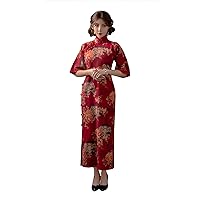 Silk Fragrant Cloud Yarn Cheongsam Peony Printed Connect Shoulder Sleeve Wedding Red Evening Dress Qipao 98