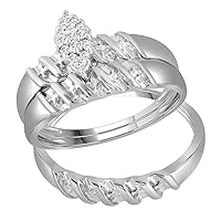 TheDiamondDeal 14kt White Gold His & Hers Round Diamond Cluster Matching Bridal Wedding Ring Band Set 1/10 Cttw