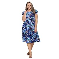 Women's Short Puff Sleeve Midi Cocktail Flare Tea Party, Formal and Casual Dresses
