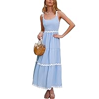 Women Summer Dresses Spaghetti Straps Sleeveless Backless Flowy A Line Maxi Sundress Smocked Beach Tank Midi Dress