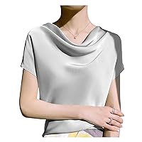KYLASIEN Women's Satin Silk Blouses Cowl Neck Short Sleeve Summer T Shirts Casual Solid Color Loose Fit Tunic Tops