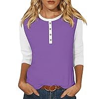 3/4 Length Sleeve Womens Tops,2024 Summer Trendy Women 3/4 Sleeve Casual Buttons Tops Fashion Crew Neck 3/4 Sleeve Shirts