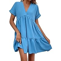 Women's Sundresses Summer Fashion Solid Sexy V Neck Short Sleeve Beach Flowy Party Maxi Dresses, S-XL