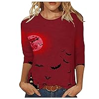 Womens Fall Tops Casual 3/4 Sleeve Loose Shirts Crewneck Halloween Printed Cute Blouse Funny Graphic Tees Tunic