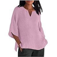 3/4 Sleeve Tops for Women V Neck Linen Shirts Three Quarter Sleeve Tops Plain Tee Loose Beach Casual Blouses