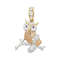 14K White Yellow and Rose Tri Color Gold Cubic Zirconia CZ Owl Pendant 30mm X 29mm