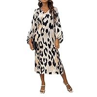 Women Summer Dresses 2023 Leopard Print Lantern Sleeve V Neck Long Dress