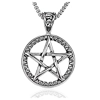 35MM Vintage Stainless Steel Pentacle Pentagram Pendant Mens Witch Protection Star Amulet Necklace, 24 Inch Chain