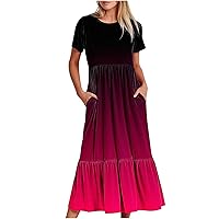 Women's Summer Gradient Dresses 2024 Casual Short Sleeve Ruffle Hem A-Line Dress Flowy Swing Long Beach Sun Dress