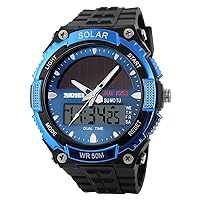 MASTOP Solar Watch Mens Multifunctional Dual Time Display Military LED Waterproof Watches Blue