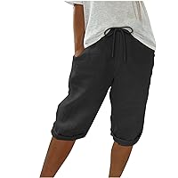 Casual Shorts for Women Summer Beach Cotton Linen Capris Knee Length Bermuda Shorts Elastic Waist Sweat Lounge Shorts
