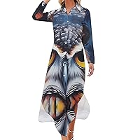 Women's Button Down Maxi Shirt Dress Colorful Owl Casual Long Sleeve Loose Shirt Dresses