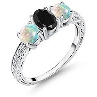 Gem Stone King 925 Sterling Silver Black Sapphire and White Simulated Opal Ring For Women (2.19 Cttw, Available in size 5, 6, 7, 8, 9)