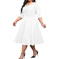 CLOCOR Women's Plus Size Midi Dress 3/4 Sleeve A-Line Swing Dress V Neck Flowy Casual Dresses