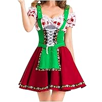Womens Oktoberfest Costume Bavarian Beer Maid Lace Trim Dress Cold Shoulder Lace-up Waist-Defined Dirndl Dresses
