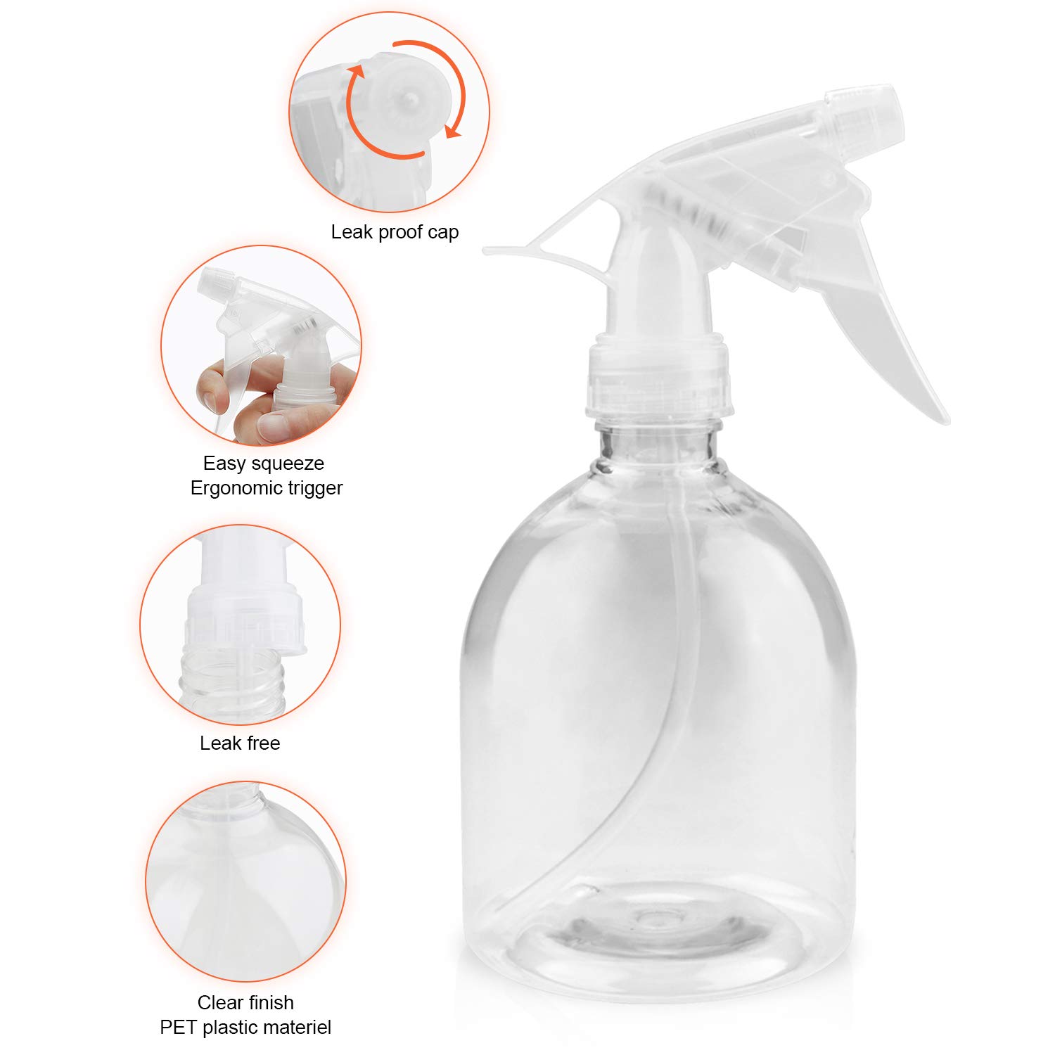Plastic Spray Bottle,16oz/500ml Empty Clear Spray Bottles for Cleaning Solutions,Hair,Oils,Adjustable Head Sprayer Water Squirt Bottle(6 PACK)