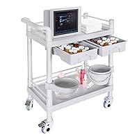 Medical Mobile Trolley Cart 2-Shelf 220 LBS Max Load Rolling Utility Cart Heavy Duty Beauty Salon Storage Cart with Drawers Dirt Buckets Rotate Wheels 2 Brake for Hospital Dental Clinic Home