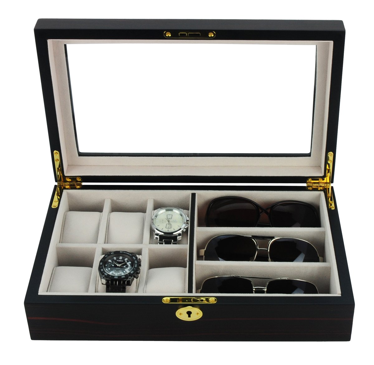 TimelyBuys 6 Piece Watch Case and 3 Piece Eyeglasses Storage Ebony Wood Combo Jewelry Box Sunglass Glasses Display Organizer with Glass Top Father's Day