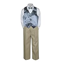 4pc Baby Toddler Kid Boy Party Suit Khaki Pants Shirt Vest Bow tie Set 5-7