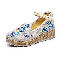 Women's Blue Bird Embroidered Wedge Platform Mary-Jane Shoes Sandals