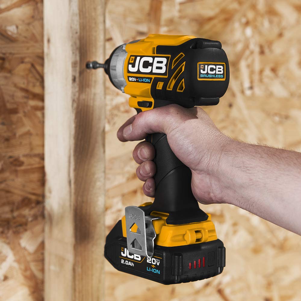 JCB Tools - 20V, 2-Piece Power Tool Set - Brushless Combi Drill, Brushless Impact Driver, 2 x 2.0Ah Batteries, Charger, Tool Bag - For Home Improvements, Long Screw Work, Decking, Drilling, Shelving
