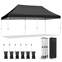 Pop Up Canopy Tent 10x20, Instant Ez Pop Up Party Tent, Waterproof Outdoor Canopy with 3 Adjustable Height,Roller Bag,6 Sand Bags,4 Ropes and 8 Stakes(10FTx20FT,Black)
