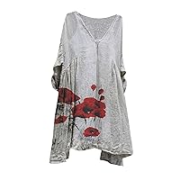 Women's Linen Tunic Dresses V-Neck 3/4 Sleeve Baggy Midi Dress Vintage Floral Print T Shirt Dress Beach Hi-Low Tops