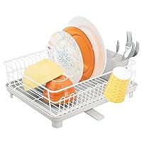 mDesign Large Metal Kitchen Countertop, Sink Dish Drying Rack - Removable Plastic Cutlery Tray, Drainboard with Adjustable Swivel Spout - 3 Pieces - White/Light Gray