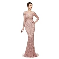 Lace Pearl Mermaid Sexy Backless Party Prom Gown Bridal Long Sleeve Pageant Evening Dresses