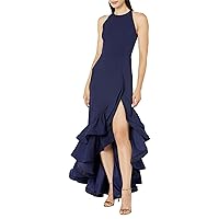 Betsy & Adam Women's Long Halter Crepe Tiered Ruffle Gown
