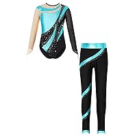 iiniim Gymnastic for Kids Girls Long Sleeve Metallic Leotard with Leggings Sets Sequins Tracksuit Performance Dancewear