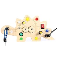 Montessori Busy Board for 3 Year Old, Dinosaur Wooden Busy Board with 7 LED Light , Kids Learning Activities Baby Airplane Travel Essential Road Trip Christmas Birthday Gift 3 4 Year Old Boy Girl