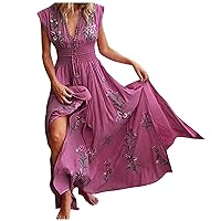 Chiffon Dress for Women Summer Futter Sleeve V-Neck Floral Printed Ruffle Dresses Casual Bohemian Beach Sundress
