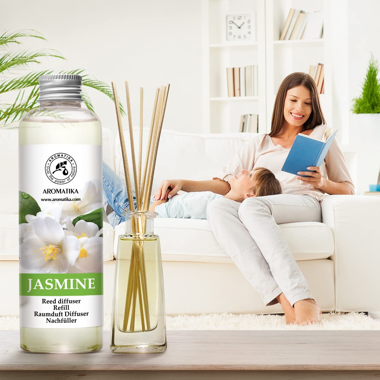 Jasmine Diffuser Refill, Natural Essential Jasmine Oil 6.8 Fl Oz (200ml) - Fresh & Long Lasting Fragrance - Scented Reed Diffuser Oil - Reed Diffuser Oil Refill Jasmine - Air Fresheners