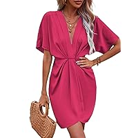 Summer Dresses for Women 2024 Solid Ruched Front Batwing Sleeve Short Dress (Color : Hot Pink, Size : Medium)
