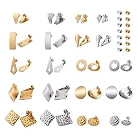 20pairs/Box 304 Stainless Steel Stud Earring Findings 10 Styles Flat Round Rhombus Cone Drop Ring Rectangle Earring Posts with Loop & Earring Backs for DIY Jewelry Dangle Earring Making Gold & Sliver