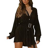 Women Shirt Dresses Long Sleeve Pleated Mini Dress Casual Button Down Tunic Tops with Belt Vintage Streetwear
