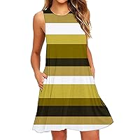 XJYIOEWT Sundress,Women Daily Dress O Neck Sleeveless Dress Printed Pockets Casual Tank Dress Summer Casual Short Dresse