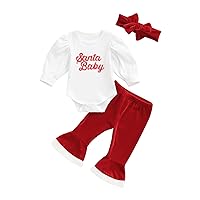 wdehow Newborn Toddler Baby Girl Christmas Outfits Long Sleeve Santa Baby Letters Pullover Tops Bell-Bottoms Flare Pants
