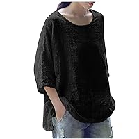 Womens Plus Size Cotton Linen Shirts 3/4 Sleeve Crewneck Blouse Solid Color Baggy Loose Casual Breathable Summer Tee Black
