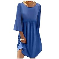 Women's Western Clothes Solid Color Round Neck Seven-Part Sleeve Sub Bohemian Dress Sun Dresses Summer Casual