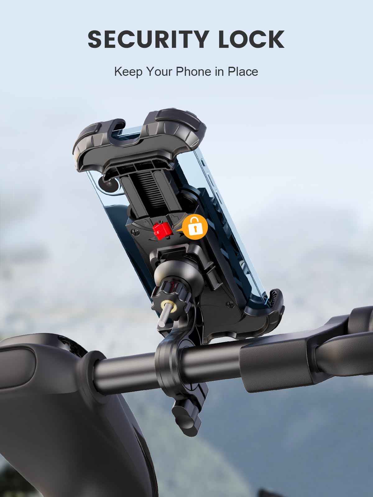 iBytoc Motorcycle Phone Mount, Upgrade [Full Protection] [Security Lock] Bike Phone Mount 360° Rotatable, Phone Holder for Bicycle, Scooter, Handlebar, Widely Compatible with Cellphones (4.7-6.8”)
