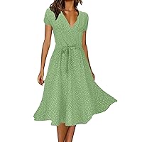 2024 Women's Floral Spot Wrap V-Neck Short Sleeve Boho Summer Beach Long Smocked Dress Casual Lightweight Flowy Dress
