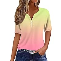 Summer Tops for Women 2024 Gradient Trendy V Neck Boho Short Sleeve Shirts Casual Button Loose Comfy Tunic Top Henley Shirts