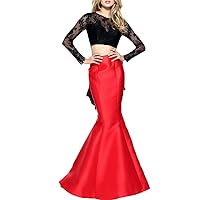 Sexy Two Piece Black and Red Long Sleeve Mermaid Prom Dress Lace Evening Gown