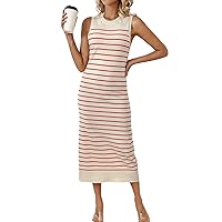 chouyatou Women's 2024 Spring Knit Sleeveless Sweater Dress Summer Midi Long Striped Bodycon Tank Dress