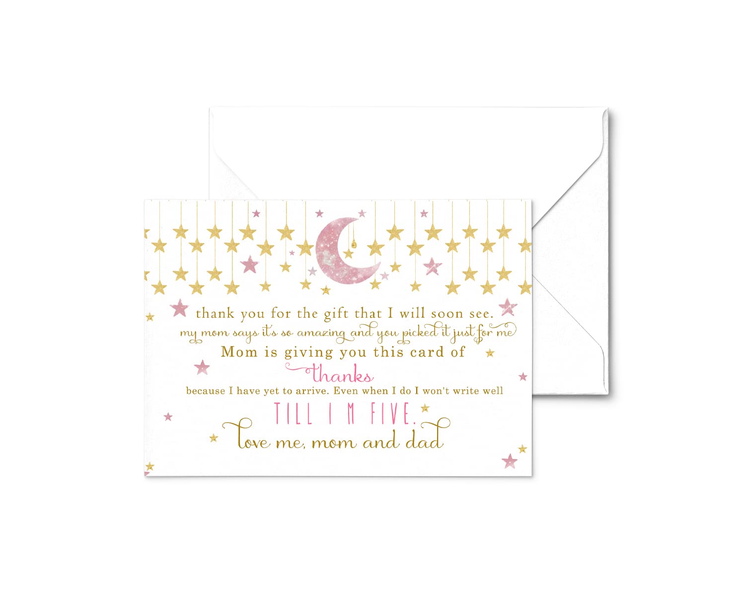 Twinkle Little Star Baby Shower Thank You Cards (25 Pack) Prefilled Note from Girl – Individual Notecards with Envelopes - Say Thanks From Babies – Celestial Theme Pink and Gold – 4x6 Blank Set