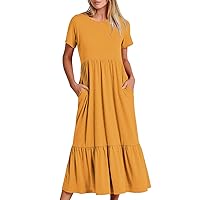 Women 2024 Casual Ruffle A-Line Dresses Summer Flowy Pleated Long Beach Dress Solid Short Sleeve Crewneck Dress